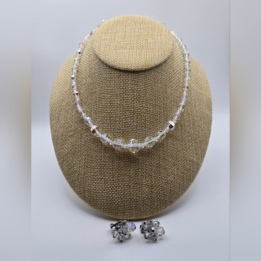 Vintage Aurora Borealis Crystal Necklace & Earrings Set (3-Piece)